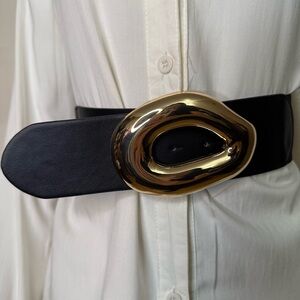 Black PU leather elastic waistband belt with gold tone buckle